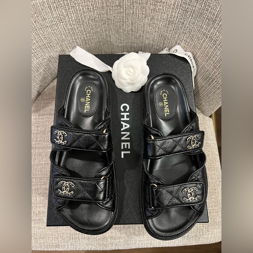 CHANEL  Black Double-Strap Logo Slide Sandals